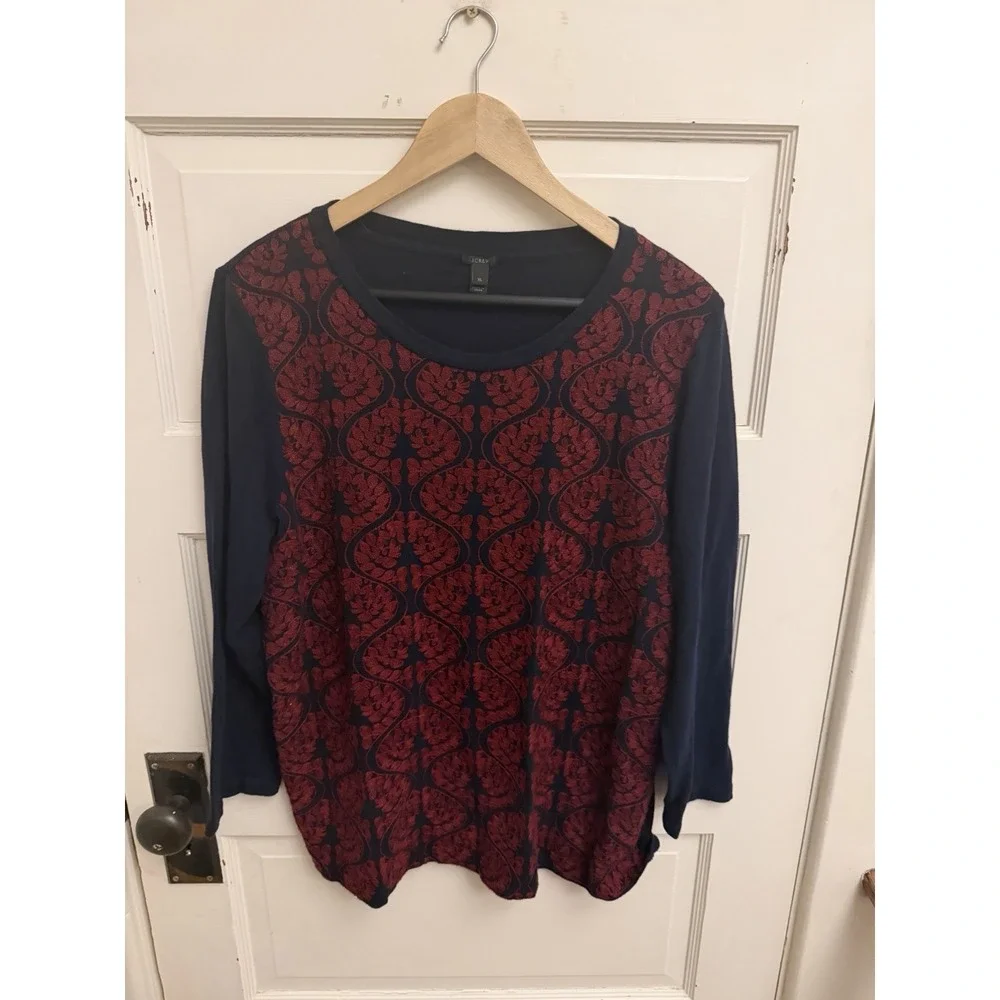 J.Crew Women's Navy Purple Embroidered Slim Fit ¾‎ Sleeve Tee Shirt Top Size XL